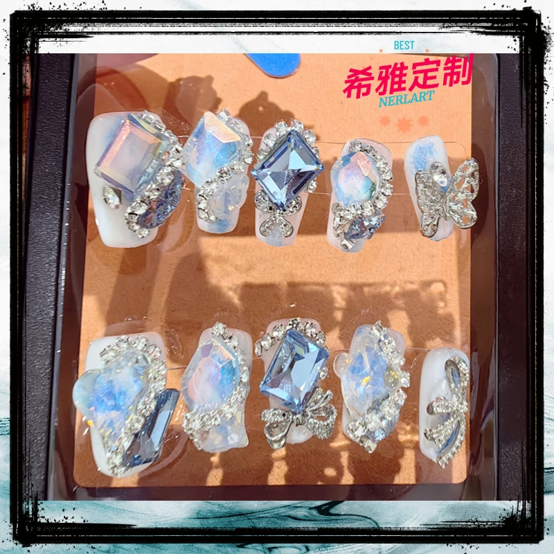 ❥希雅➠海雅之谜穿戴甲（M码）短T手工气质蓝色冰透镶钻超闪