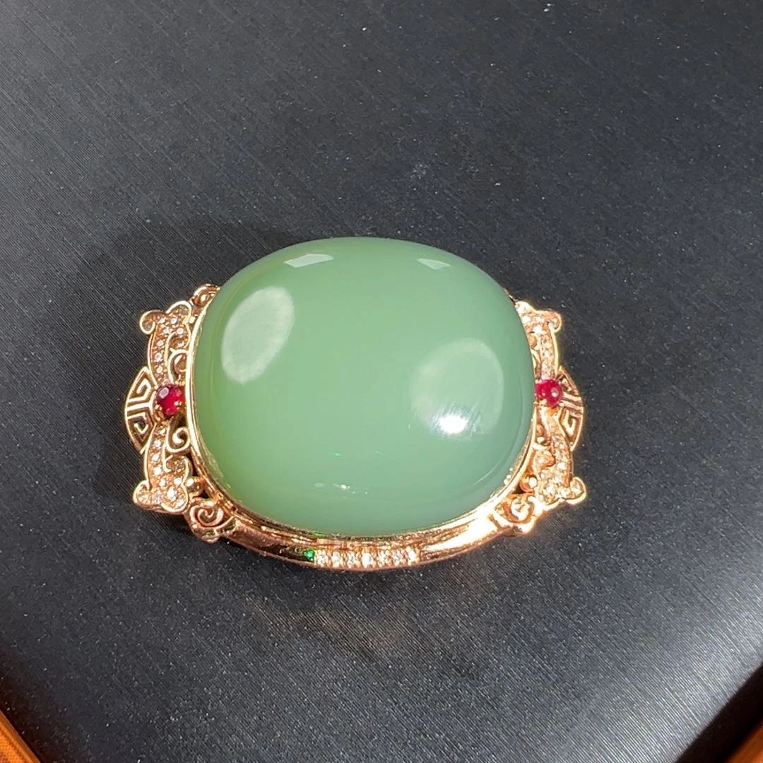 和田玉18K金镶嵌颈饰粉青猫眼无结构蛋面手牌吊坠多用款