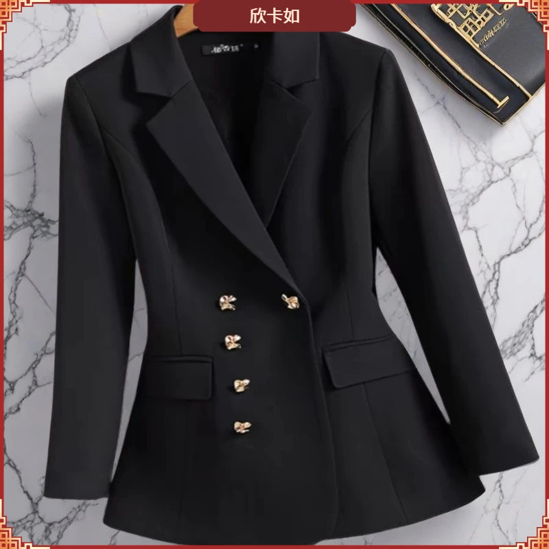 II2024春秋装新款收腰西装双排扣常规休闲西服黑色垂感外套上衣I