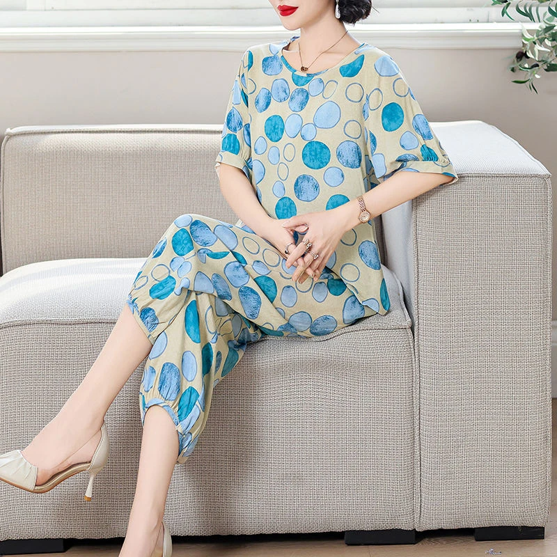 棉绸套装女妈妈夏装短袖上衣洋气九分束脚裤人造棉两件套薄款外穿