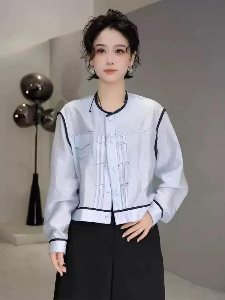 “海盐可可”2025夏季休闲明线设计单排包扣轻薄圆领衬衫外套