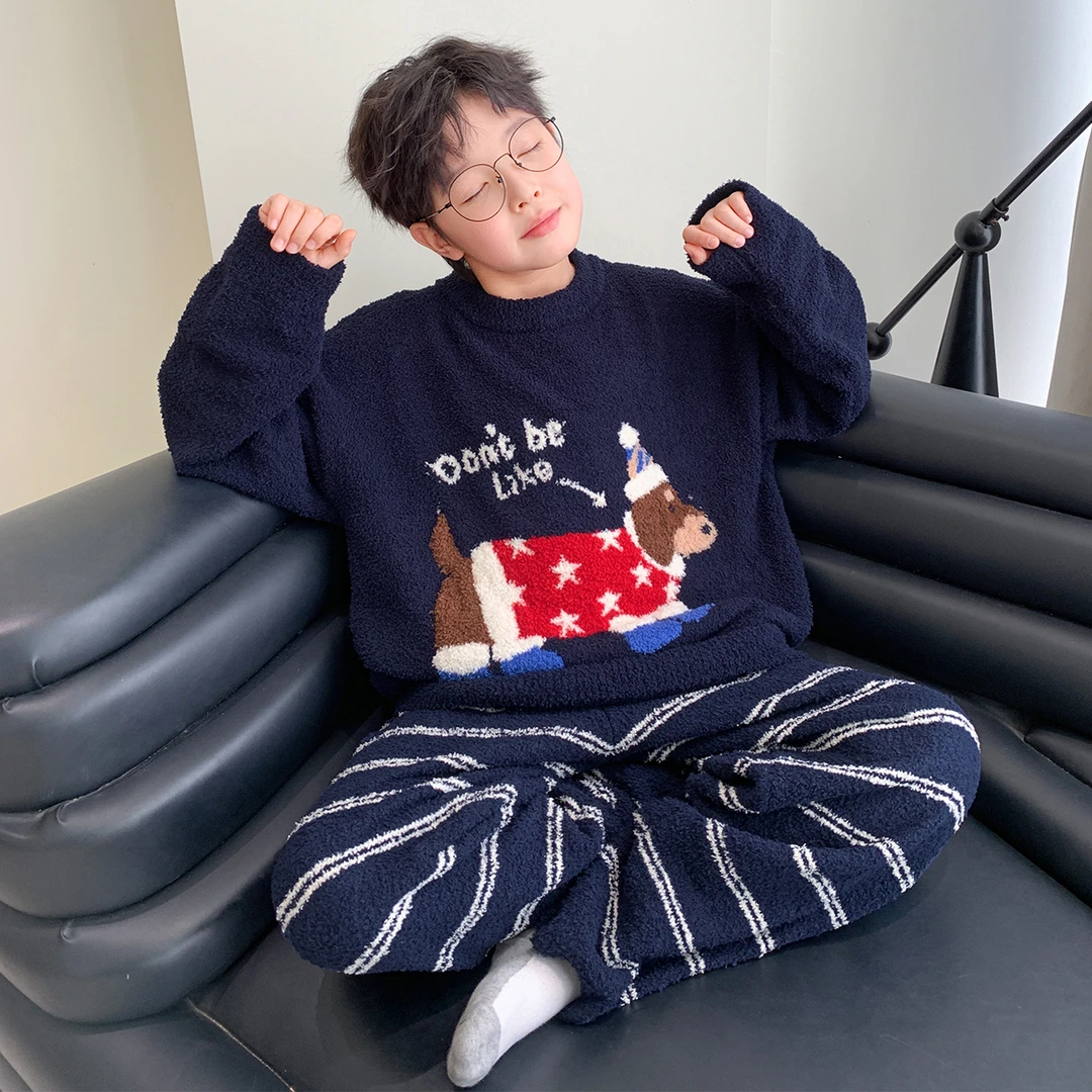 男童冬季珊瑚绒睡衣2025新款儿童秋冬款中大童加绒加厚男孩家居服
