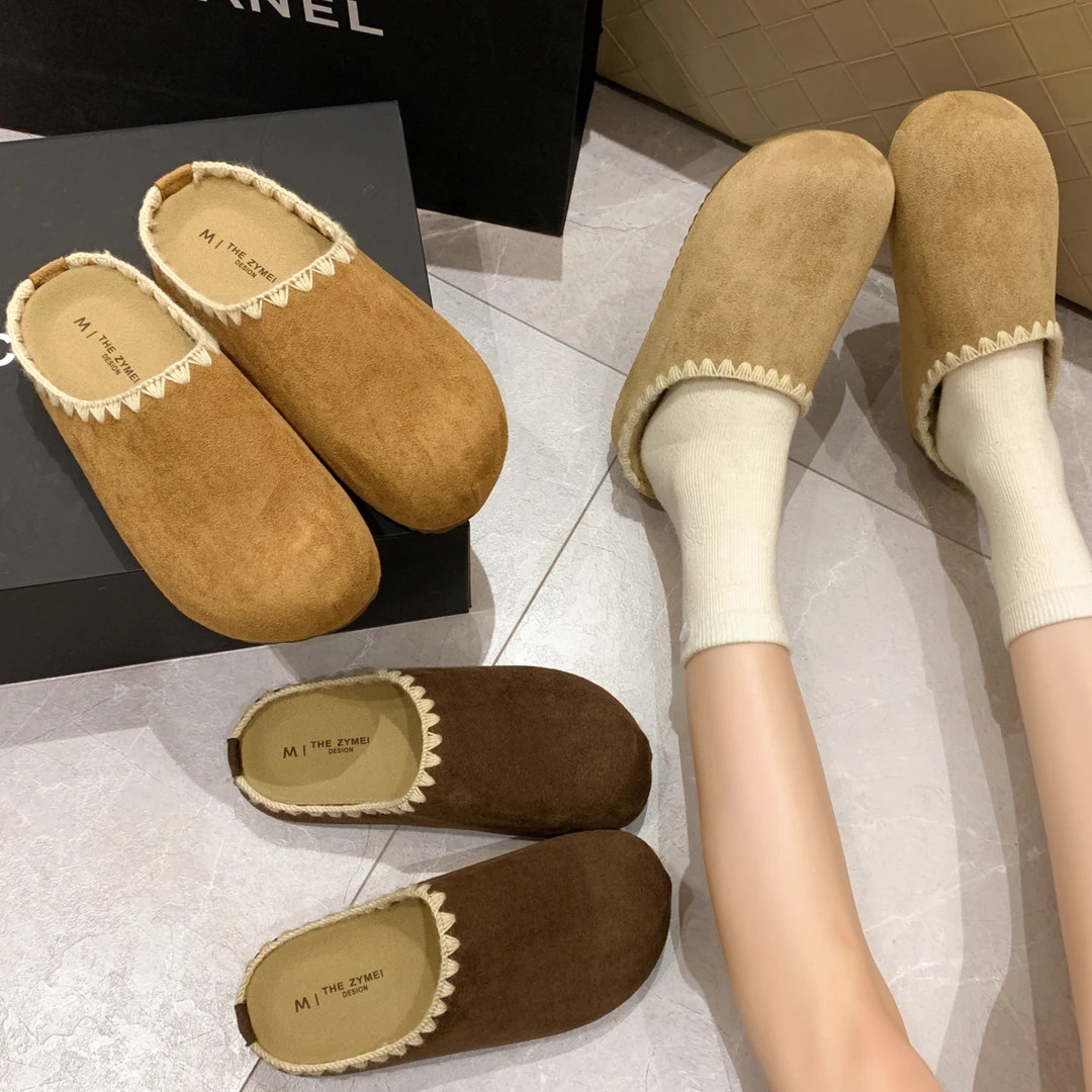 复古平底勃肯鞋女秋新款厚底磨砂配裙子外穿花边刺绣包头半拖鞋子