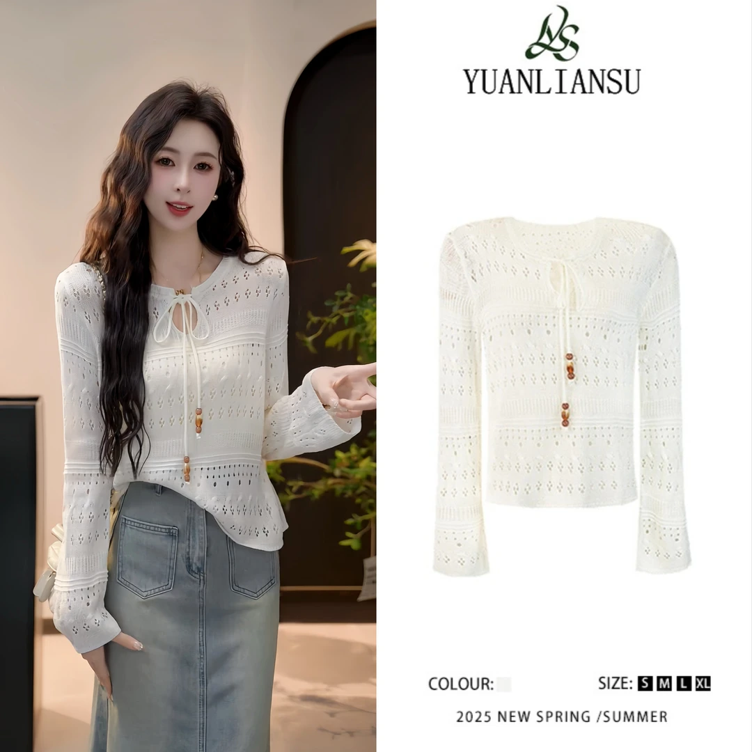 YUANLIANSU/圆脸酥【梨绘半岛】时尚法式镂空设计感长袖显瘦上衣女