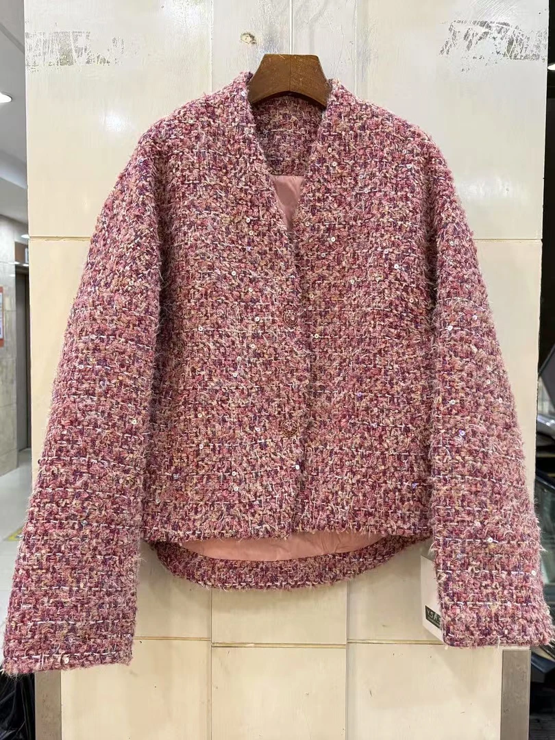 秋冬V领亮片羊毛呢小香风外套