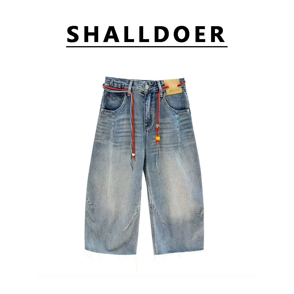 潮流复古高腰牛仔裤女2025年夏季新款休闲百搭时尚显瘦阔腿七分裤