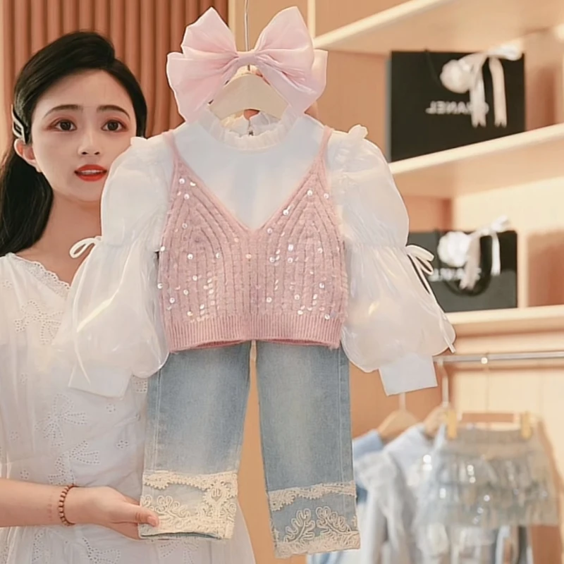 【媛媛妈专属】春秋女童套装新款洋气时髦背心马牛仔裤小女孩两件套