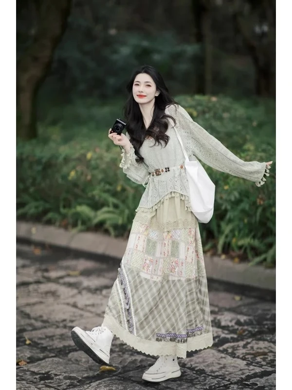 波西米亚风套装镂空流苏上衣女显瘦半身裙2025新款开春穿搭一整套
