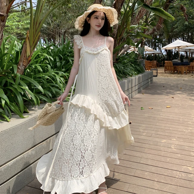 不规则蕾丝镂空荷叶边吊带连衣裙女夏南法云南大理海边度假风裙子
