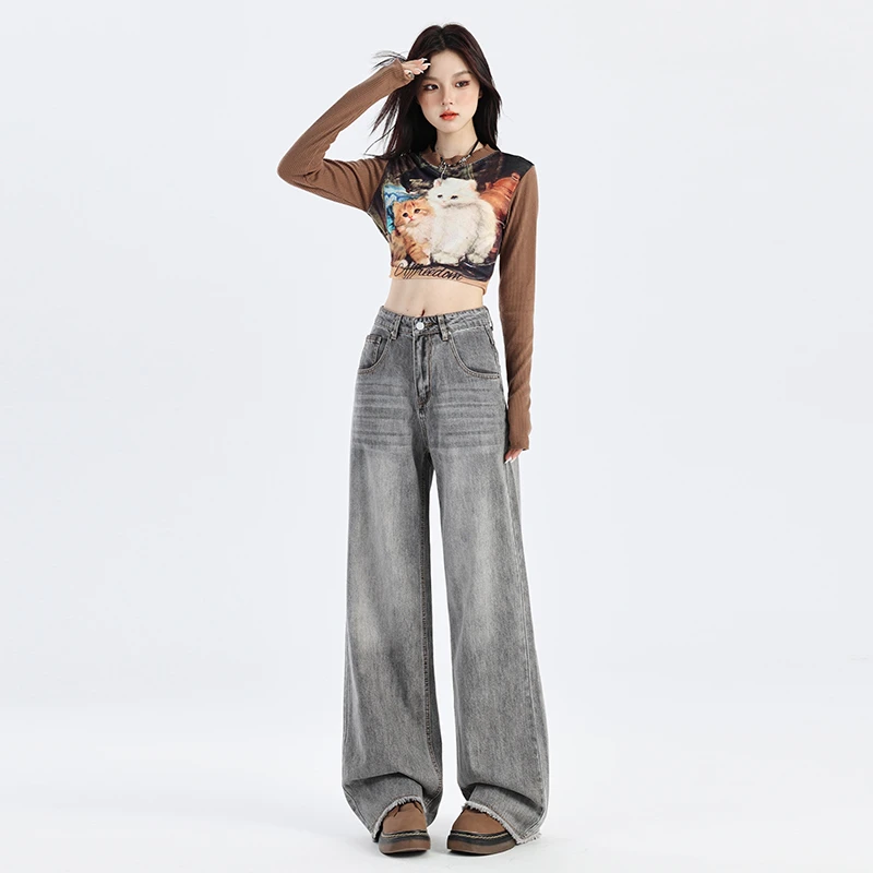 2025秋装毛边设计感美式阔腿牛仔裤女春季新款高腰宽松显瘦百搭直
