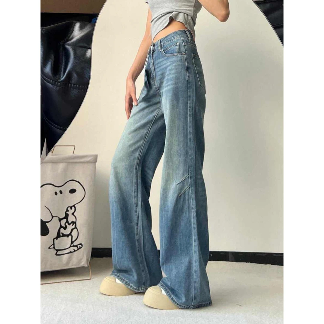 夏季薄款设计感微喇叭阔腿牛仔裤女复古蓝水洗高腰显瘦垂感拖地裤