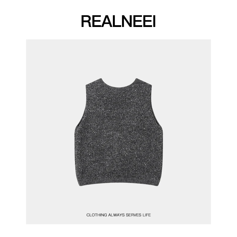 REALNEEI【永夜星河】眻毛冬季新款叠穿百搭V领亮片马甲X7200