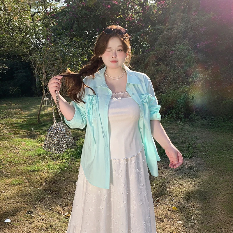 300斤特大码夏季度假风显瘦休闲开衫胖MM甜美清新防嗮长袖衬衫女