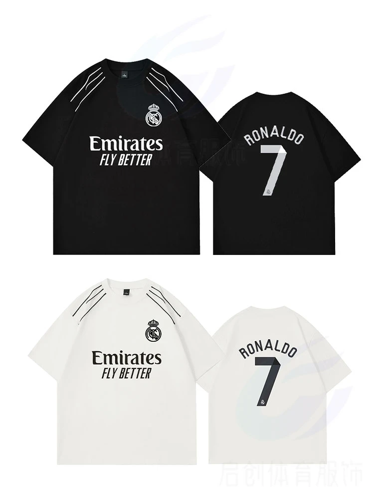 春夏新款280克重磅双纱皇马拉条落肩短袖T恤7号C罗美式高街风纯棉