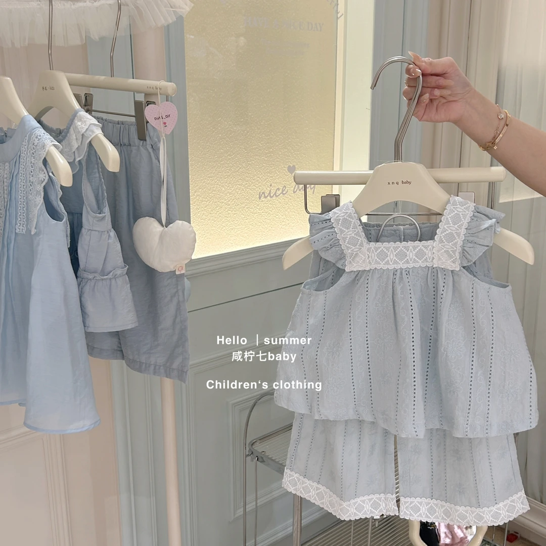 现【咸柠七】女童夏季套装2025新款女小飞袖娃娃衫花边阔腿裤两件套