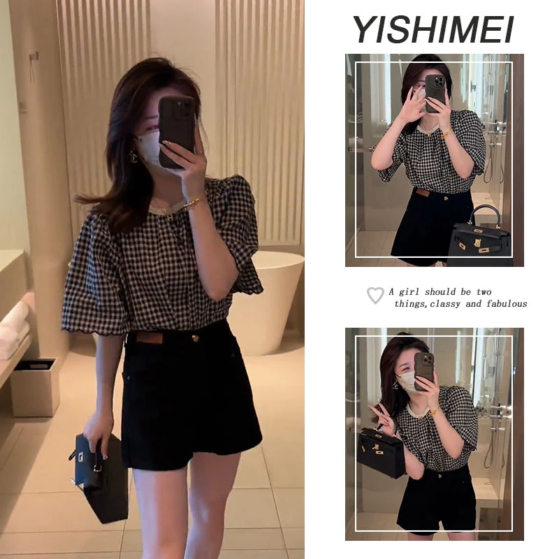 今年流行一整套2025年新款韩系百搭格子上衣显瘦短裤两件套装