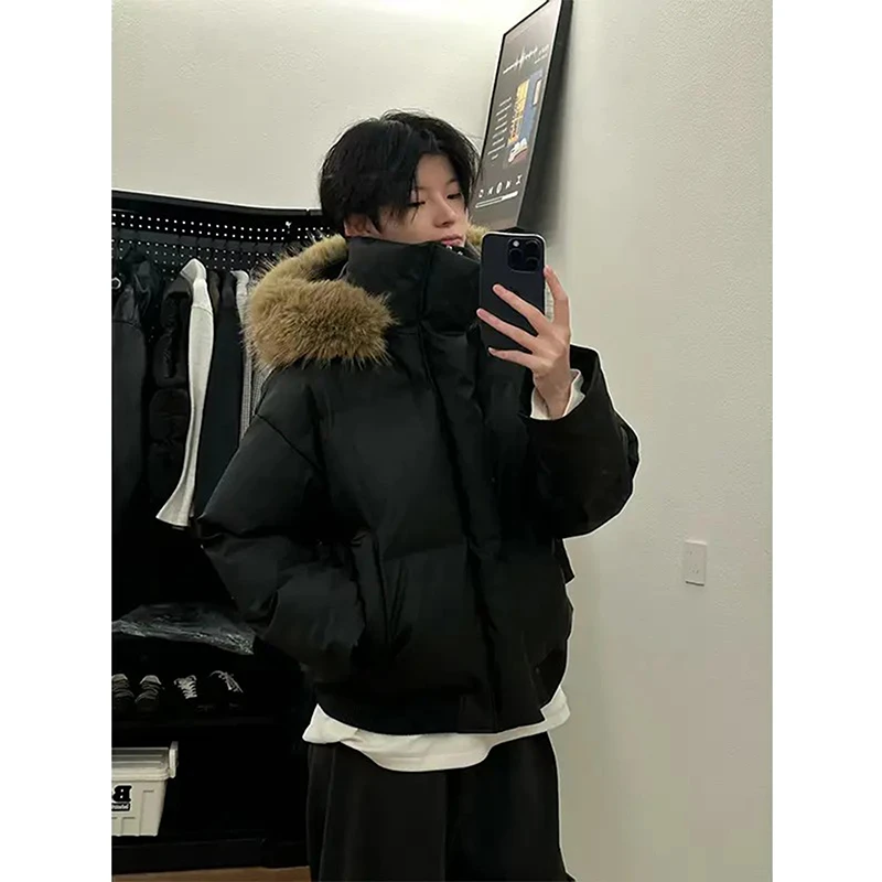 黑色毛领棉服男款冬季加厚保暖美式pu皮棉衣cleanfit短款情侣外套