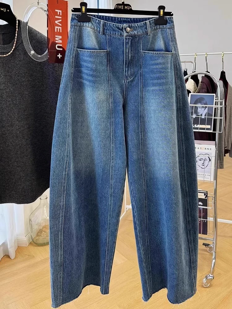 慵懒松弛感高腰牛仔裤女春季新款休闲宽松镰刀裤香蕉长裤