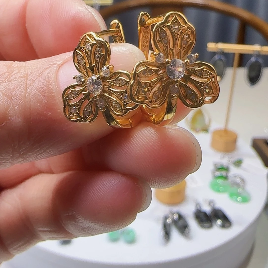 翡翠耳饰银S925镶嵌天然缅甸a货翡翠