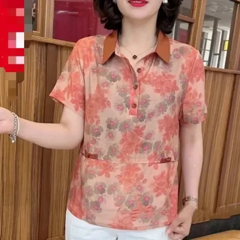 中老年夏季新款短袖气质大码妈妈装透气显瘦宽松百搭印花薄款T恤