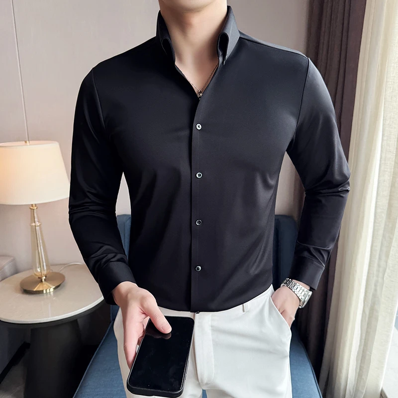 2025男士长袖衬衫男士衬衣修身纯色职业衬衫男痞帅衬衫一片领衬衫