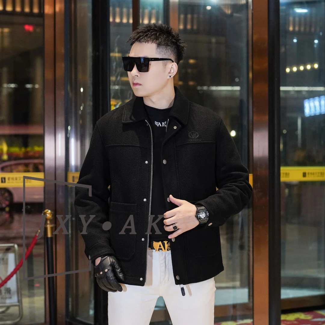 【羊毛夹克】2025男士轻奢商务翻领短款字母刺绣设计纯色羊毛外套