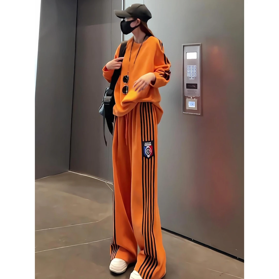 潮牌炸街橙色休闲运动套装女秋慵懒风撞色侧条纹卫衣阔腿裤两件套