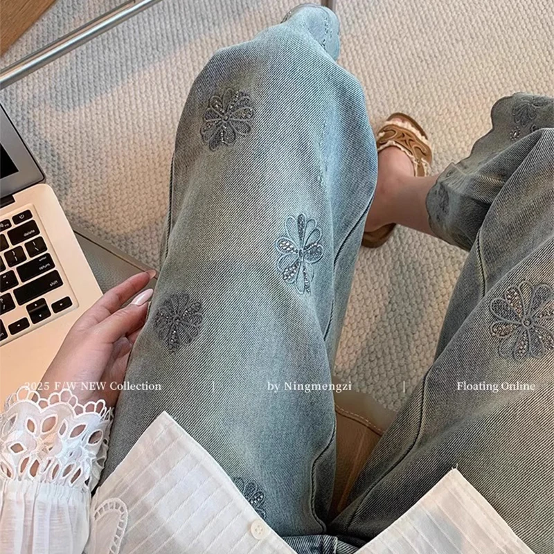 浅色高腰九分刺绣直筒牛仔裤女夏薄款大码显瘦弹力小个子烟管裤子