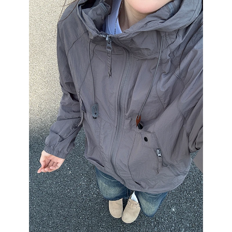 水泥灰山系户外防晒衣男夏季套装速干连帽冲锋衣美式防紫外线外套