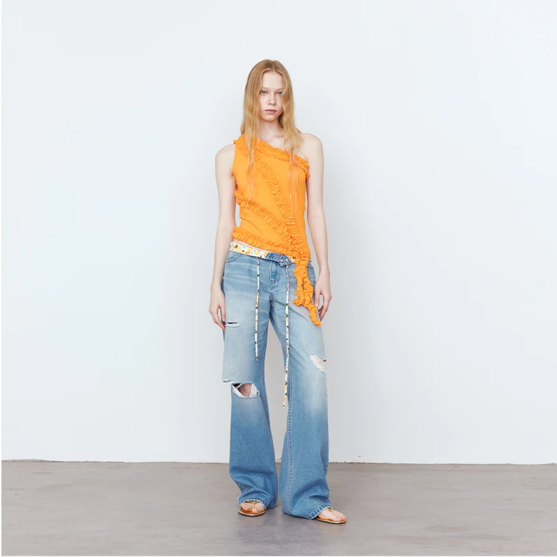 BOLD italic 热带印花抽绳浅蓝破洞牛仔长裤 PT0421457