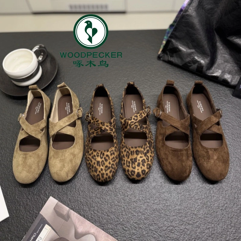 啄木鸟交叉带松紧浅口单鞋女2025秋低跟圆头玛丽珍鞋森系青年女鞋