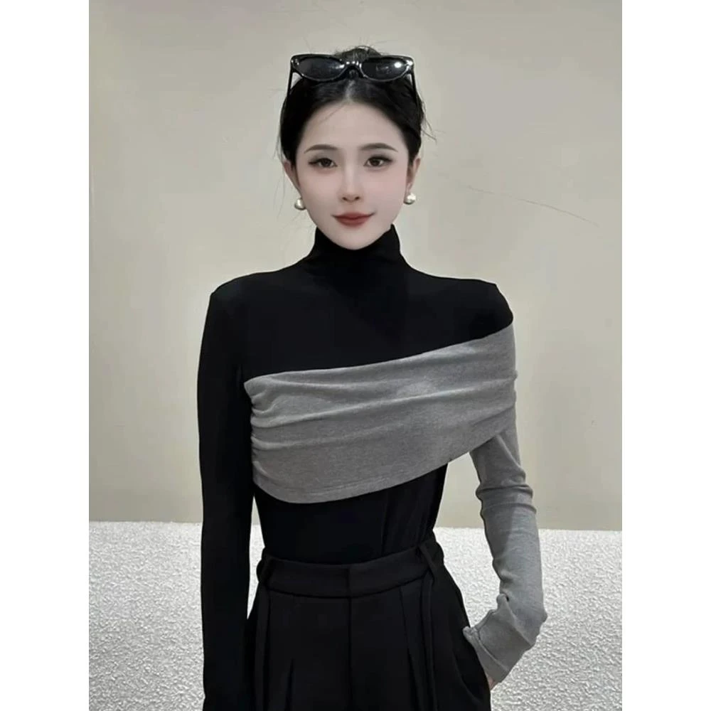 撞色拼接不规则半高领长袖t恤女2025秋冬修身显瘦百搭打底衫上衣