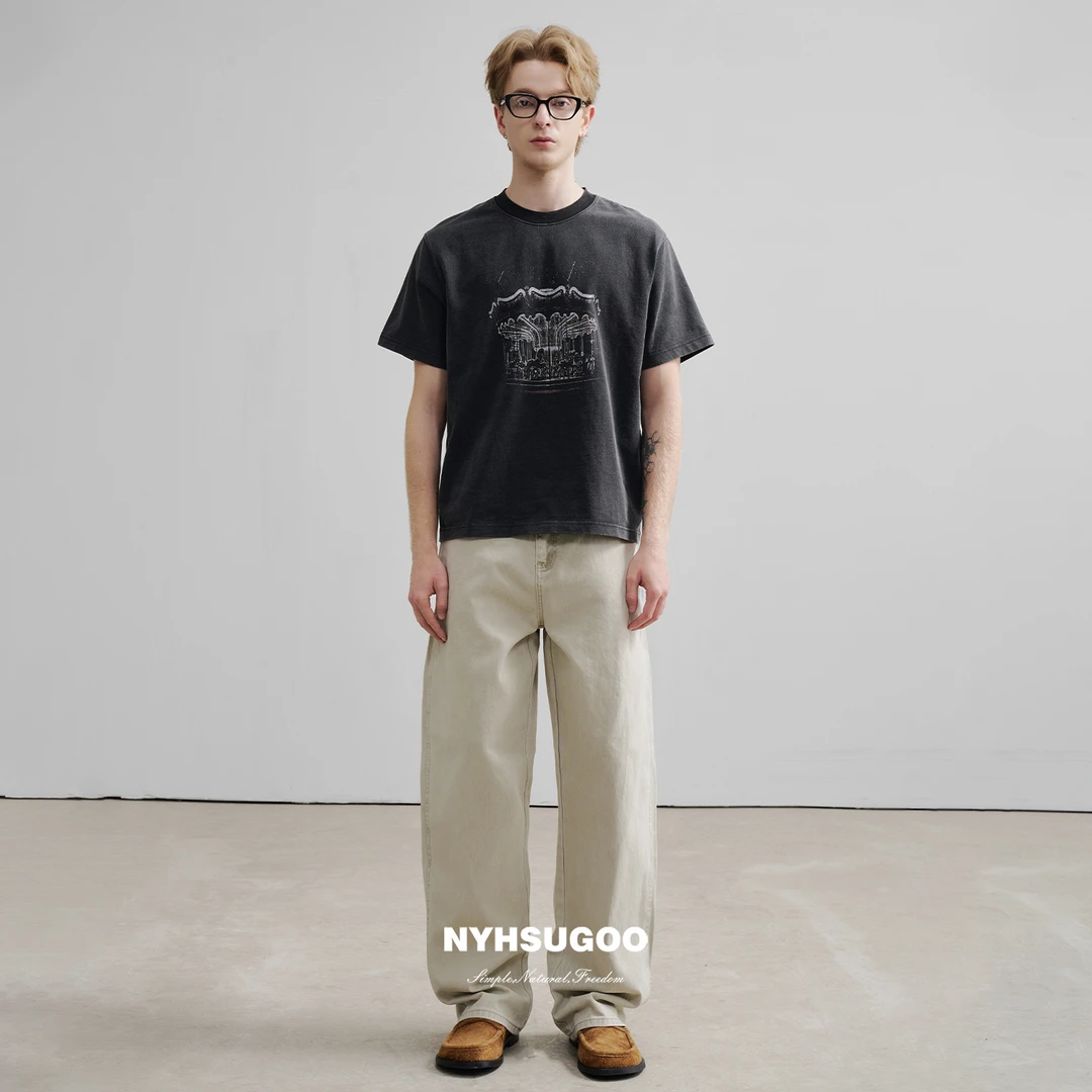 NYHSUGOO/南乙3566夏季男士黑灰色美式印花短袖100%棉重磅360G