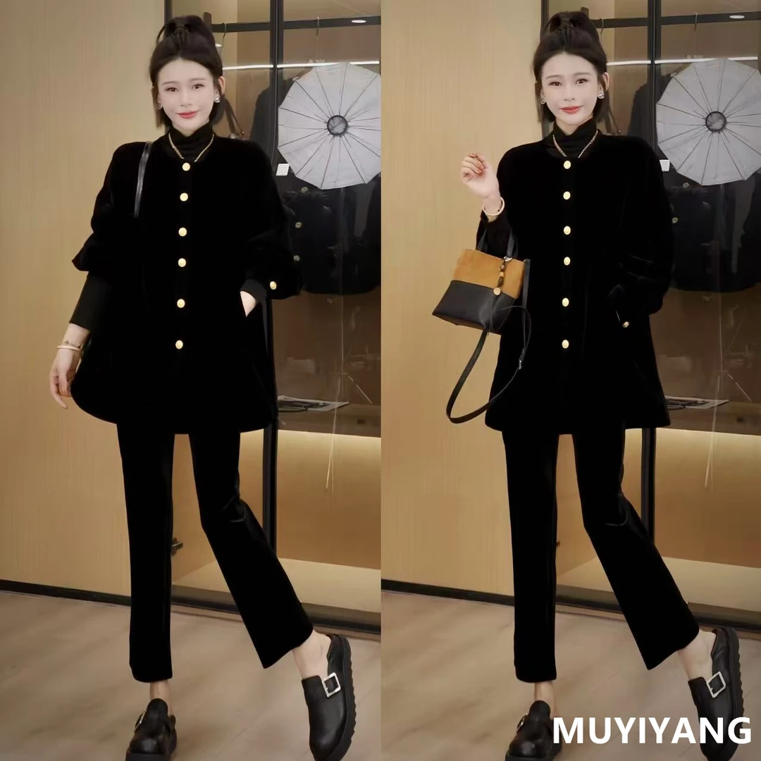 【迎风】设计感小众圆领金扣高定版丝绒外套 衣长78 25-407#