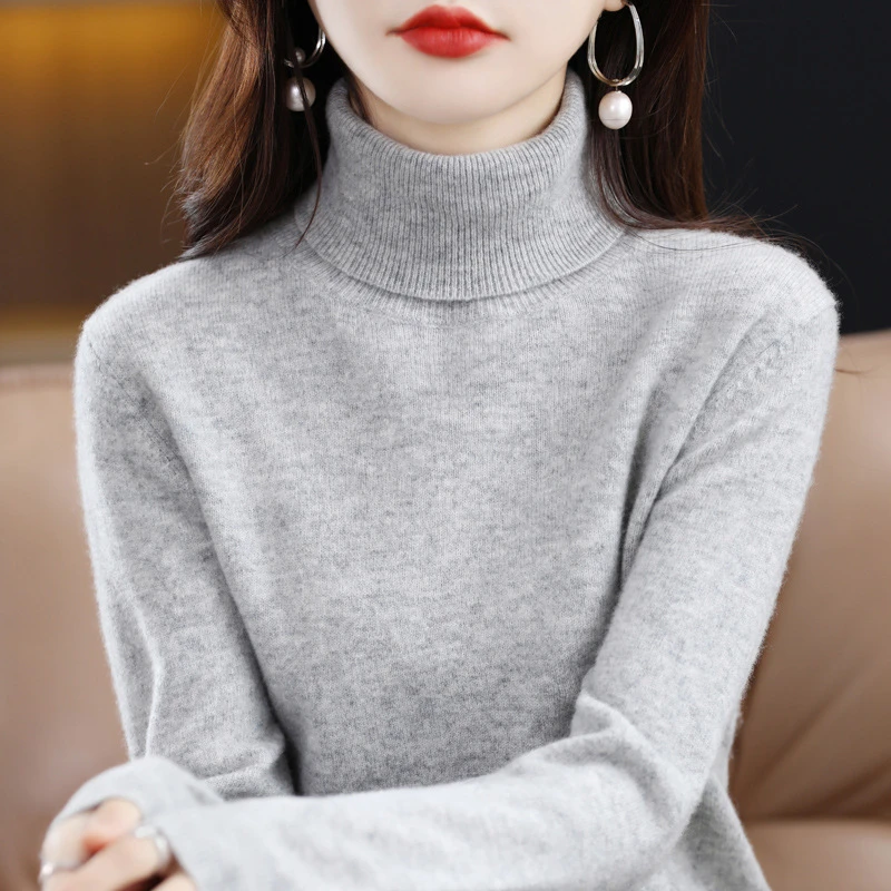 批发高翻领长袖100羊毛衫女宽松秋冬打底针织潮毛衣薄款日韩休闲