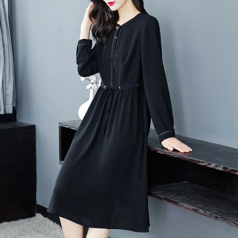 圆领春女贵夫人抽绳连衣裙229207