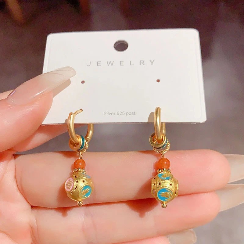 铜合金亚克力耳饰 新中式国风滴釉耳扣轻奢复古气质网红耳环