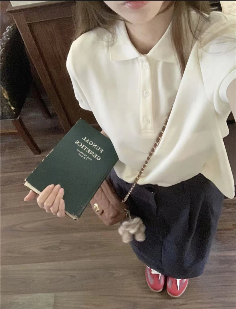 17972-1夏季新款ins简约通勤百搭小众减龄纯色POLO领短袖T恤上衣