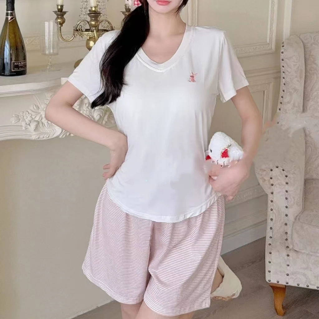 夏季草莓舒芙蕾短袖三件套带杯垫睡衣甜妹柔软透气女套装2319