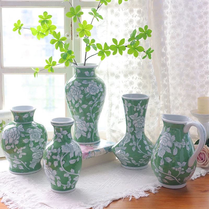 寻舍新中式手绘青花瓷绿绮花笺系列花瓶