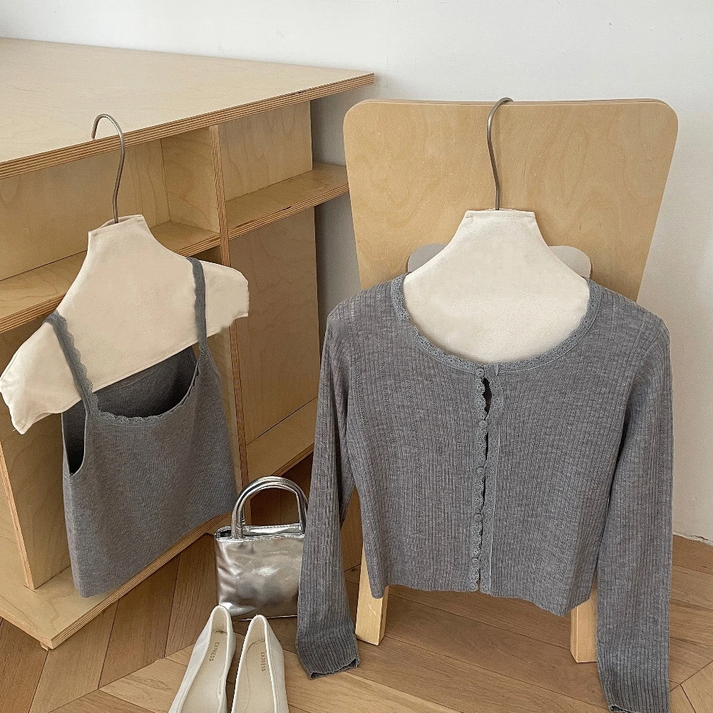 纯色长袖针织开衫+蕾丝花边吊带背心纯欲风甜美穿搭4122#