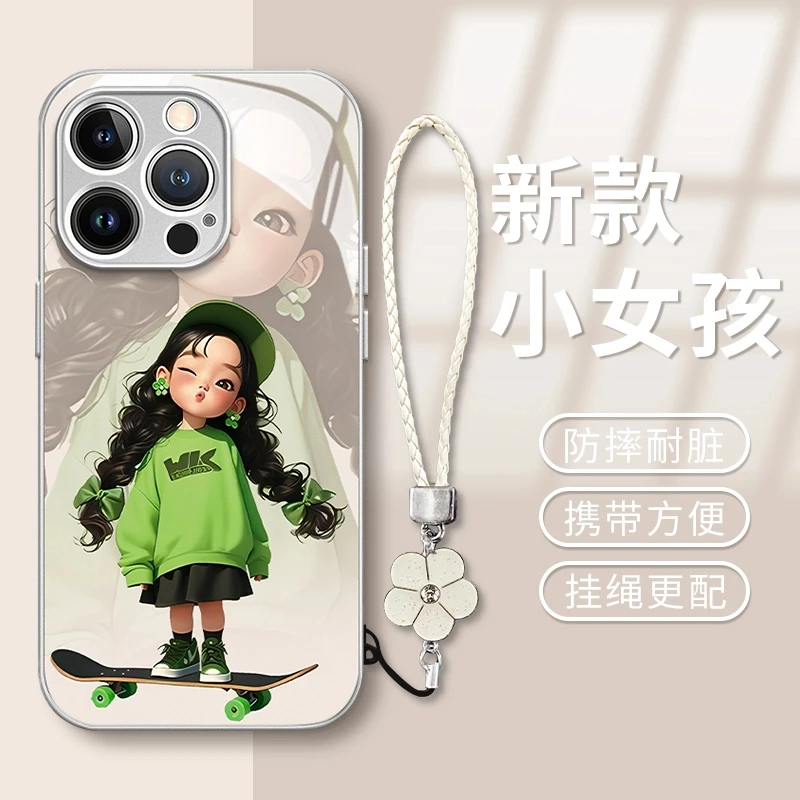 滑板女孩适用苹果15华为vivo电镀玻璃oppo小米iPhone16pro手机壳