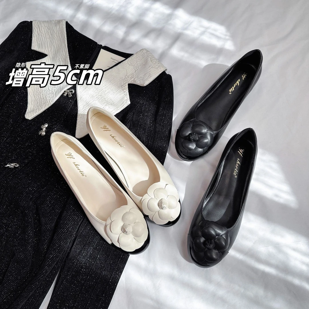 增高5cm小香风山底单鞋女2025秋季新款名媛风浅口拼色玛丽珍鞋