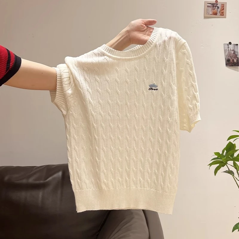 韩系学院风刺绣坑条短袖t恤针织衫女正肩修身显瘦绝美夏季小上衣