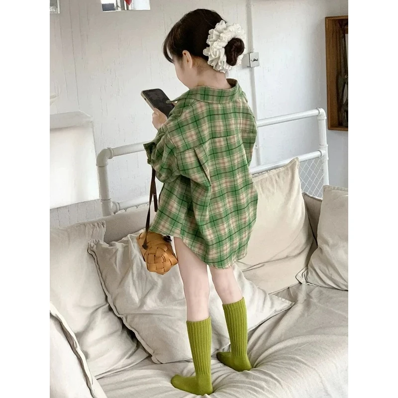 女童春装2025新外套小女孩女童衬衫春秋高级感格子衬衫百搭学院风