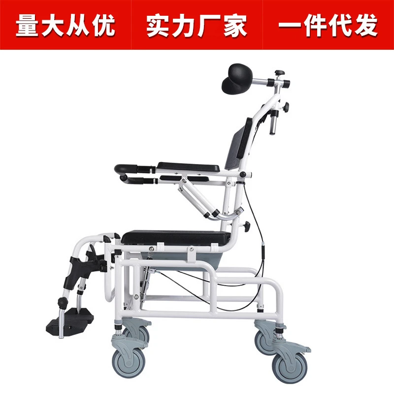 老人坐便椅带轮轻便轮椅可洗头澡铝合金坐便椅多功能带便盆扶手