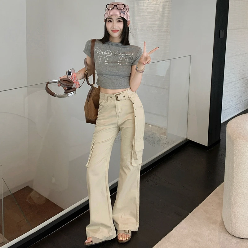 杏色微喇工装牛仔裤女2025夏季腰带多口袋微喇工装牛仔裤