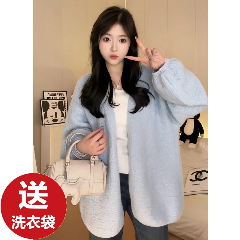 【送洗衣袋】秋季新款树皮纹毛衣外套女针织衫宽松韩版慵懒风泡泡袖