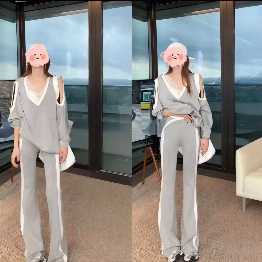 2025早秋时尚洋气撞色V领镂空露肩卫衣+高腰显瘦微喇叭长裤套装女