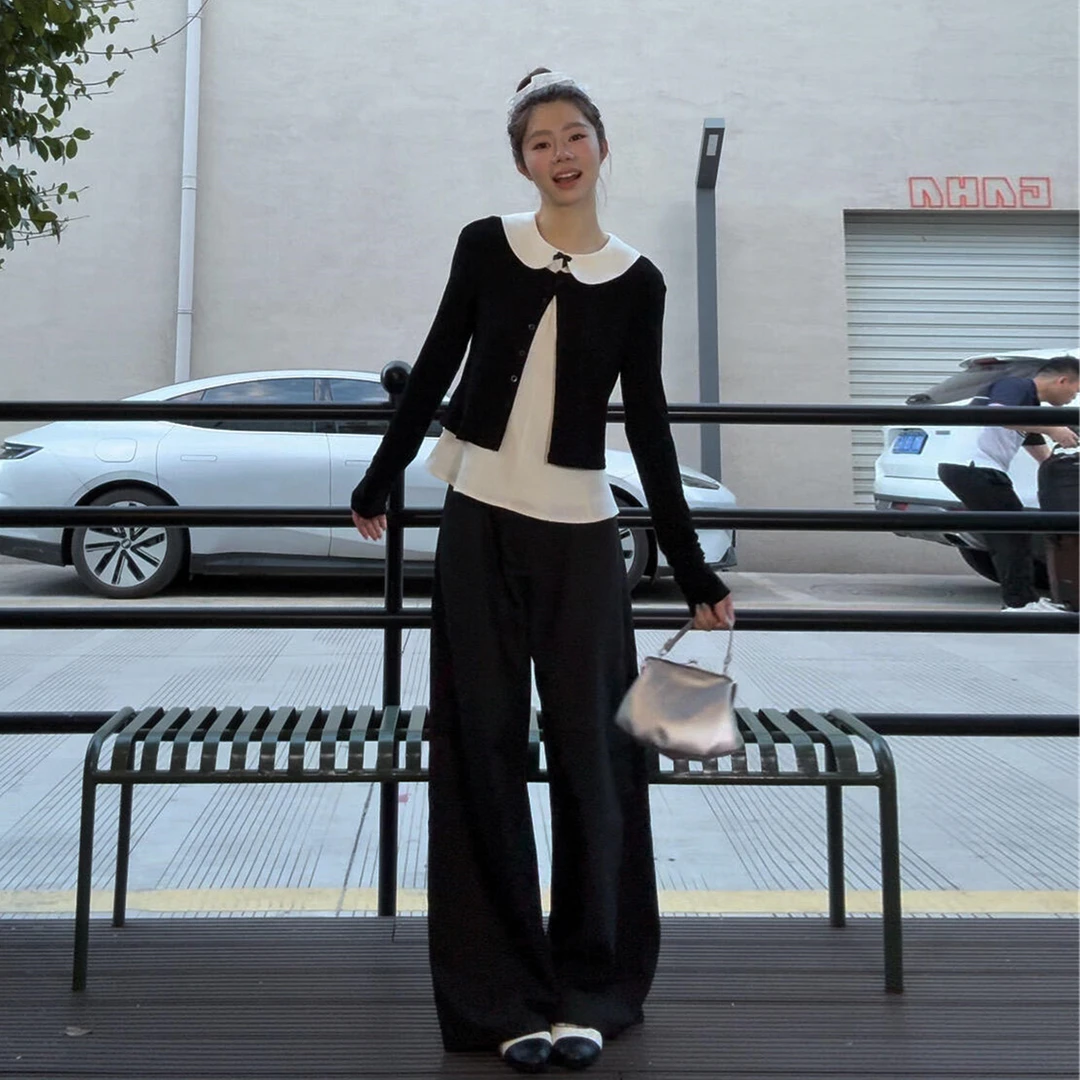 黑色针织开衫外套女春秋季2025新款爆款韩系穿搭背心上衣两件套装